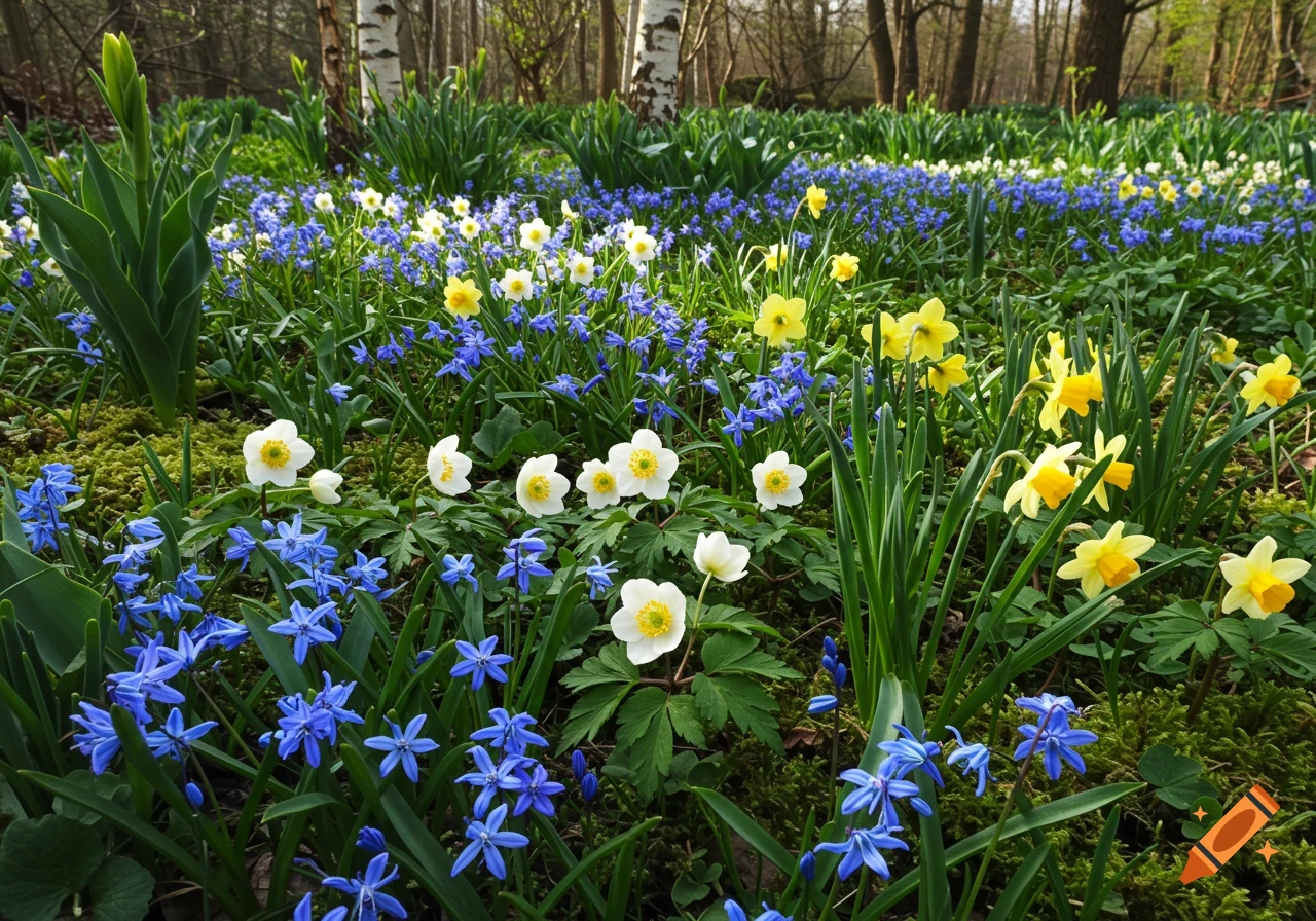 A vibrant forest floor in spring, covered with blue Siberian squills, white anemones, and yellow daffodils among green grass and trees.