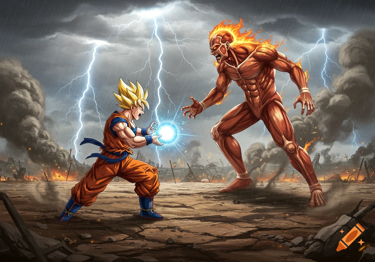Goku, in Super Saiyan form, blasts a flaming Colossal Titan in a stormy, destroyed anime landscape.