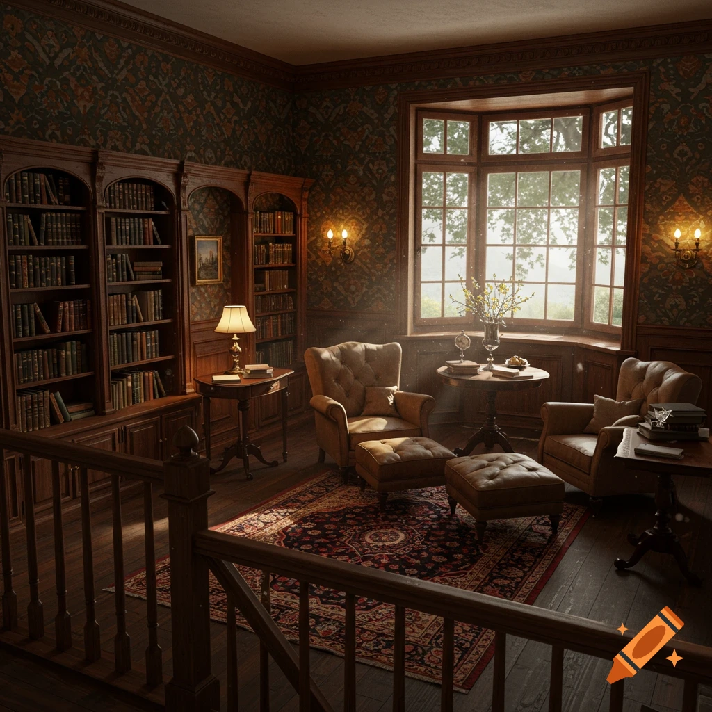 A warmly lit Victorian-style library with bookshelves, comfortable armchairs, and a large bay window overlooking trees.