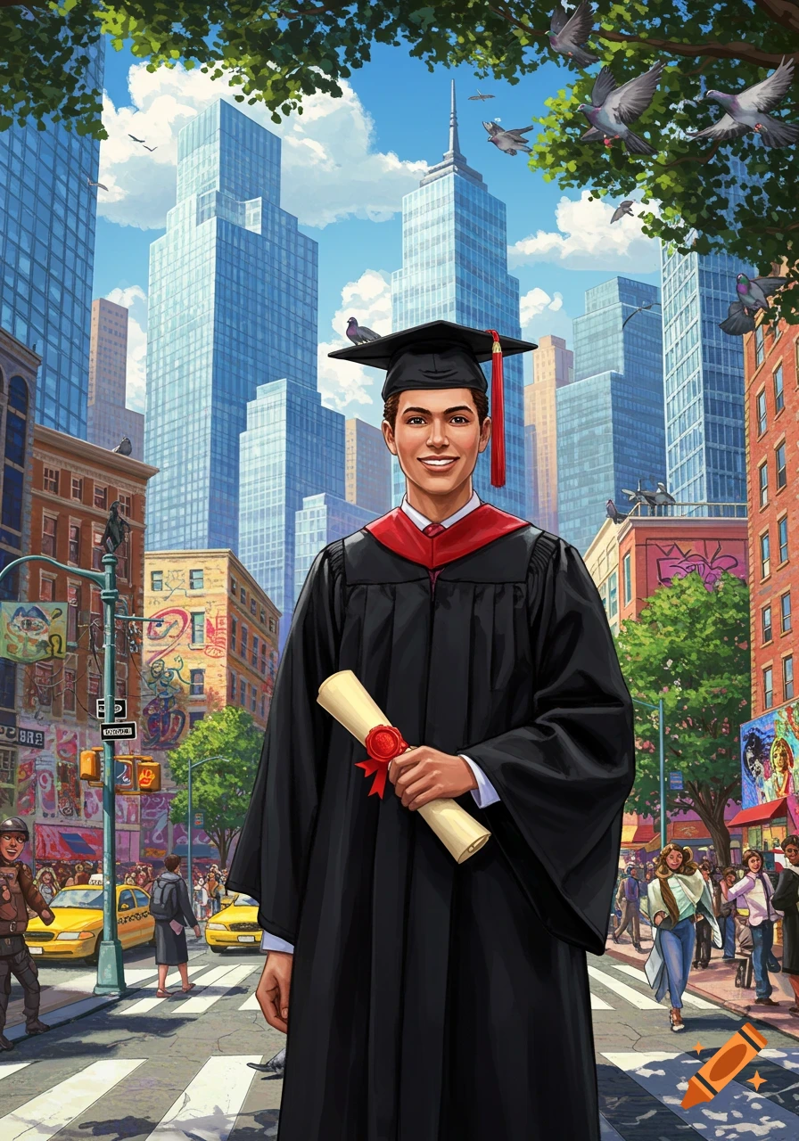 A smiling graduate in a cap and gown holds a diploma on a busy city street with tall buildings and yellow cabs in an illustrative style.
