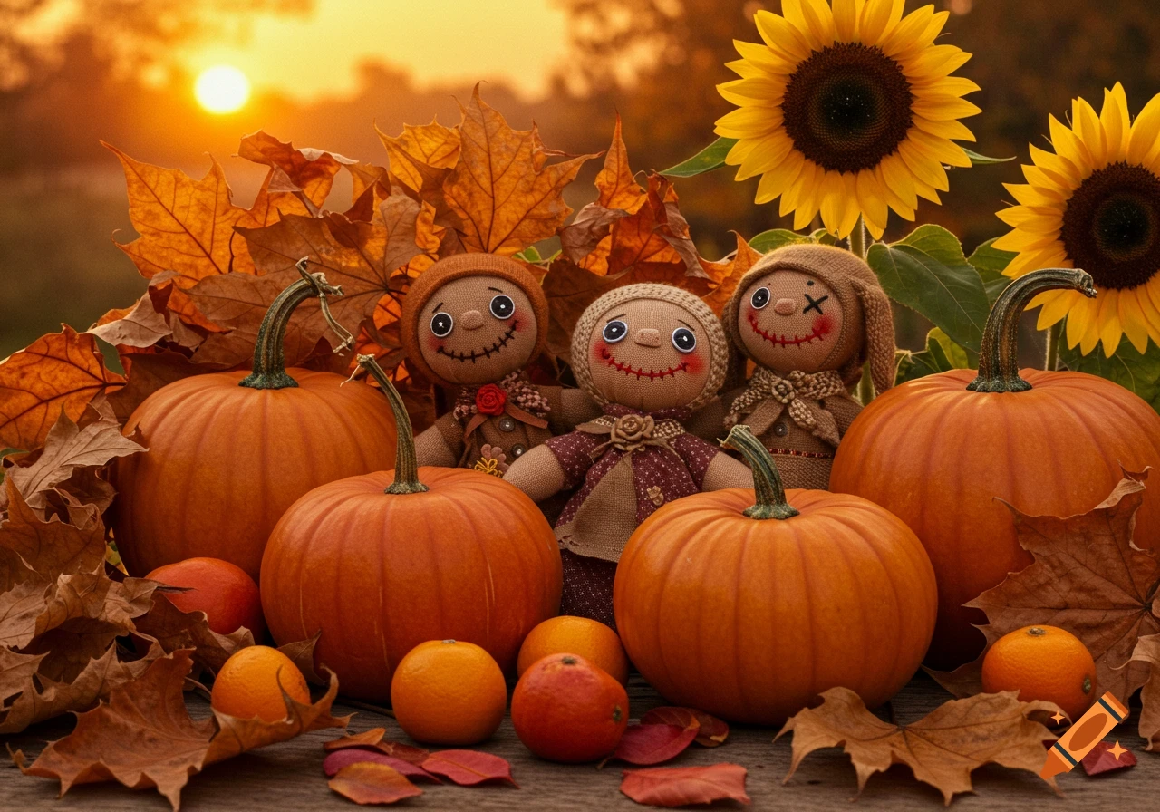 Three smiling rag dolls sit among pumpkins, sunflowers, and autumn leaves with a sunset background in a photorealistic style.