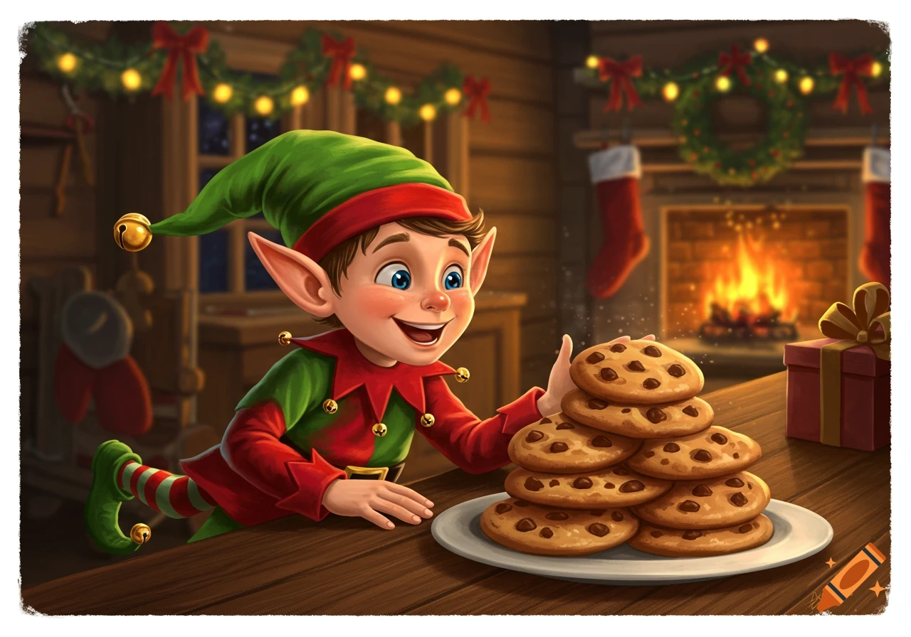 A cheerful cartoon elf in a red and green costume reaches for a stack of chocolate chip cookies on a table, in a festive wooden room with a fireplace.
