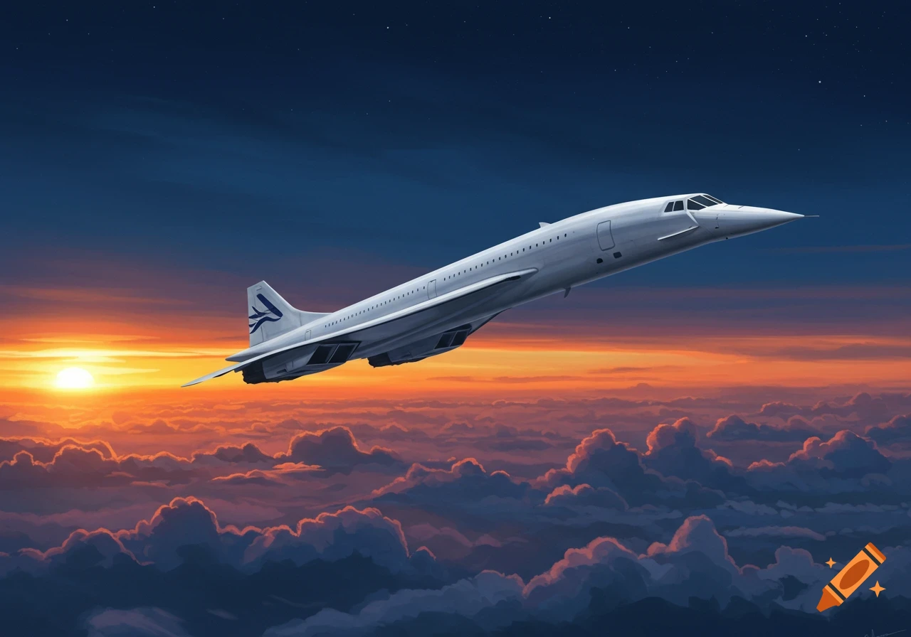 A white Concorde supersonic jet airplane flies above clouds during a vibrant orange and blue sunset.