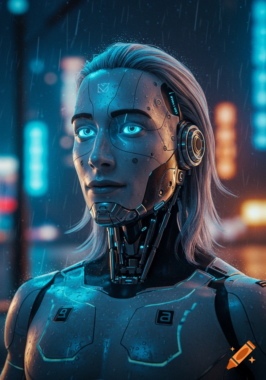 Close-up of a futuristic humanoid robot with glowing blue eyes and visible mechanics on its face and neck, standing in the rain with neon city lights in the background.