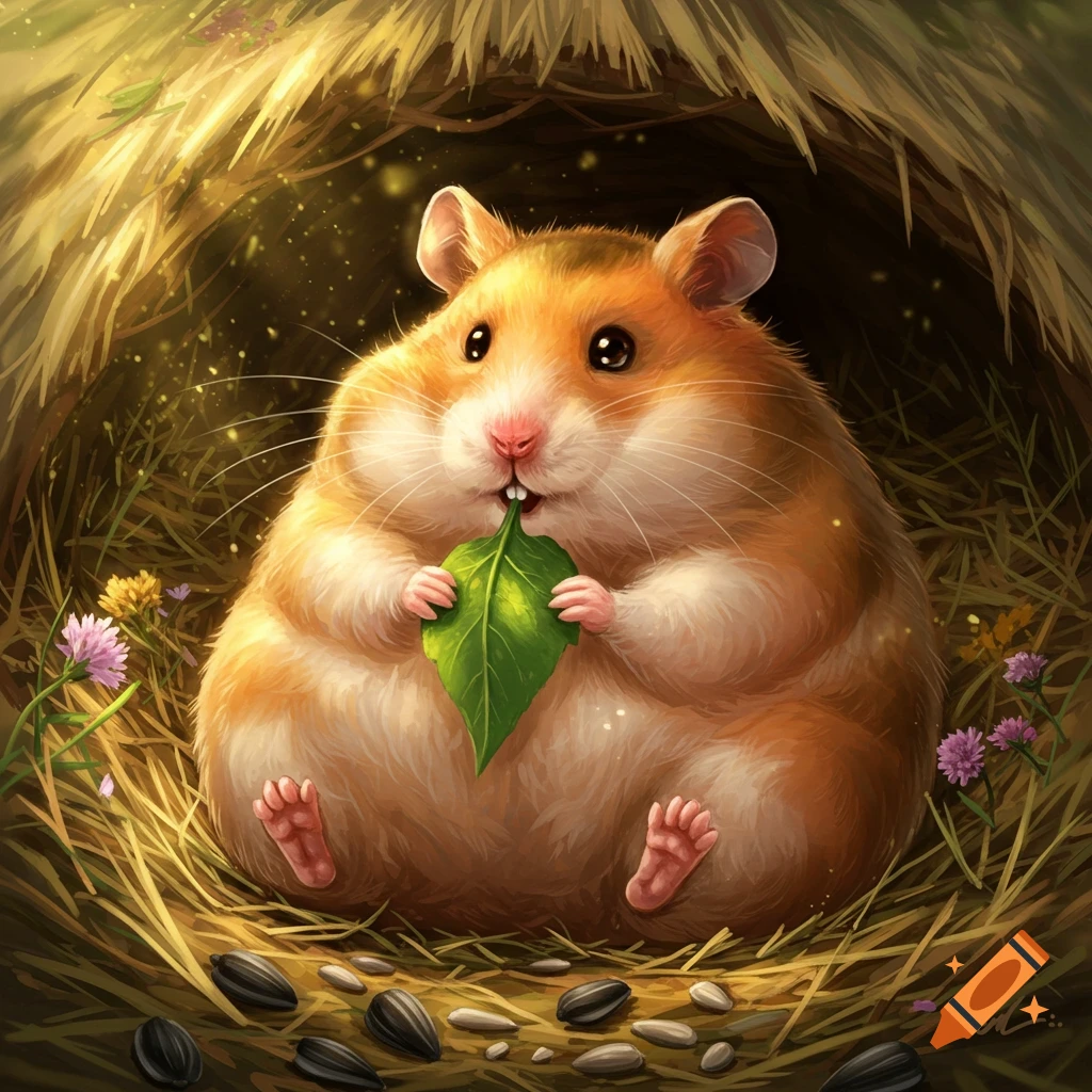 A fluffy, chubby golden hamster sits in a hay nest, nibbling a green leaf. Scattered sunflower seeds are on the ground. Digital art.