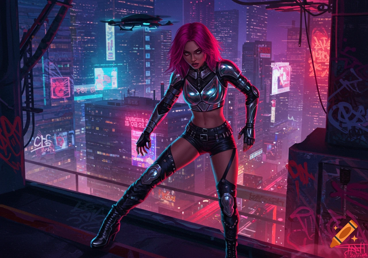 A cyberpunk woman with pink hair and armor stands on a rooftop overlooking a neon-lit futuristic city at night.