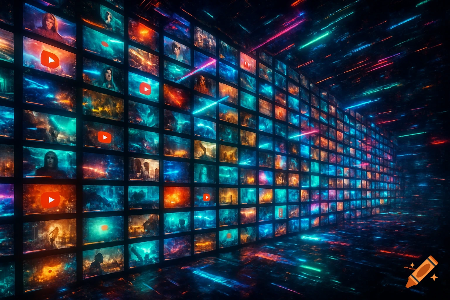 A large wall of glowing screens displaying various abstract and stylized images, some with YouTube play buttons, within a dark room with neon light trails.