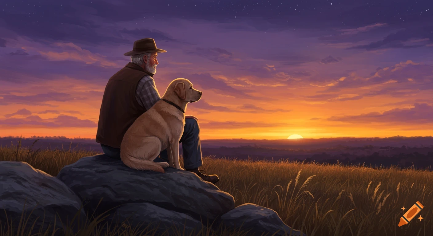 An old man and a labrador dog sit on a rock, watching the vivid orange and purple sunset over a field.