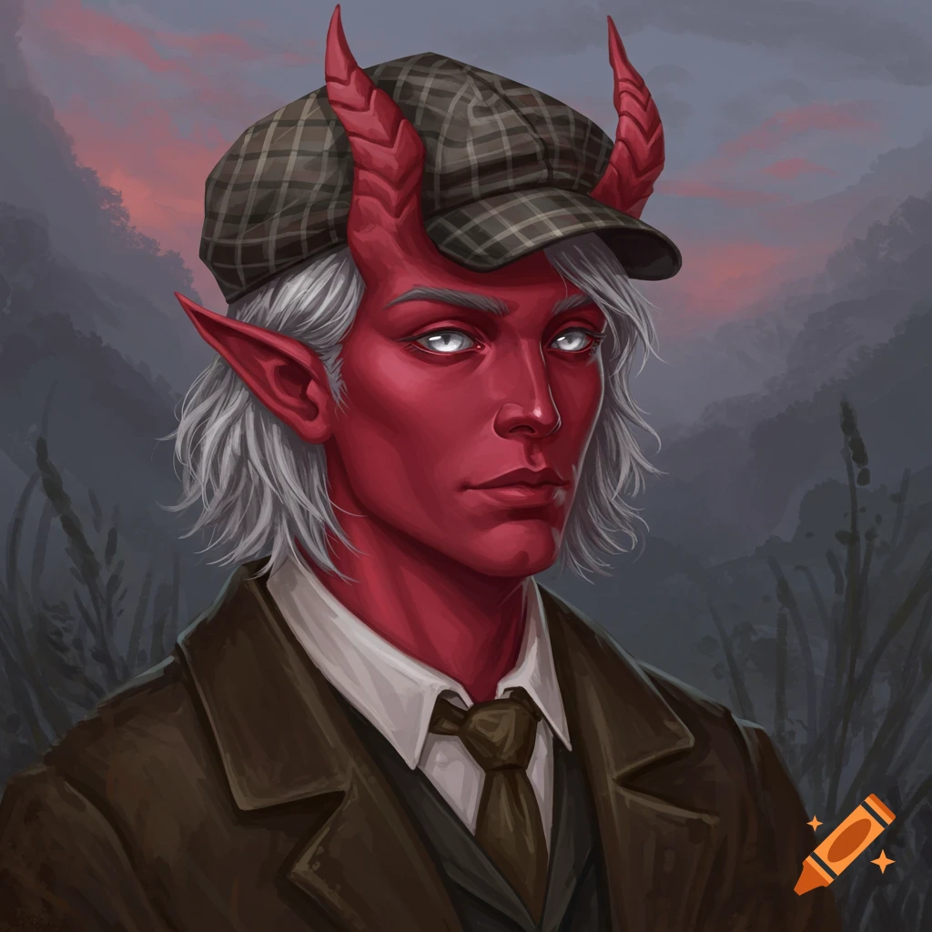 A male tiefling with red skin, silver hair, and white eyes, wearing a plaid cap and brown suit against a dark background.