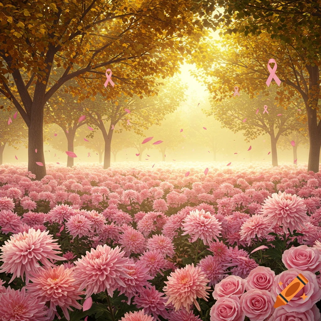A vibrant field of pink flowers under golden trees, with pink ribbons tied to branches, symbolizing Breast Cancer Awareness.