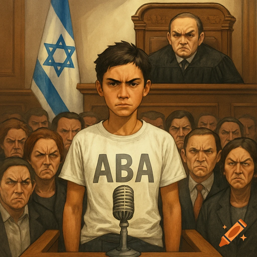 Semi-realistic illustration of a young person in an Israeli courtroom, wearing an 'ABA' shirt, with an angry judge and audience.