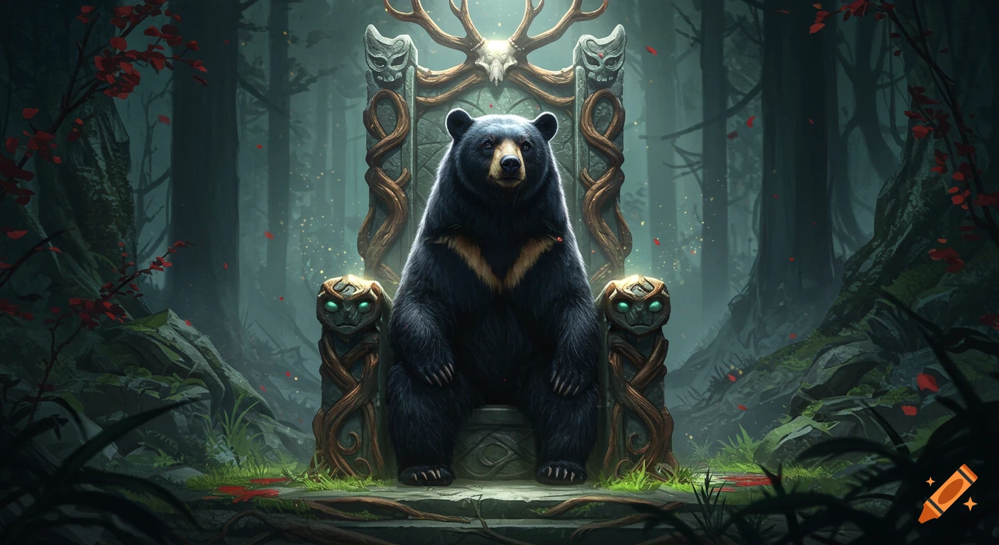 A regal black bear sits on a carved stone throne adorned with antlers and roots in a shadowy, mystical forest with red leaves.
