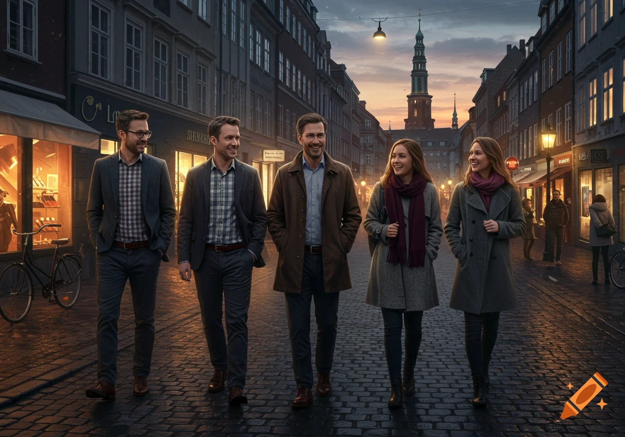 Five people, three men and two women, walk down a cobblestone street lined with buildings at dusk, a tall tower visible in the background.