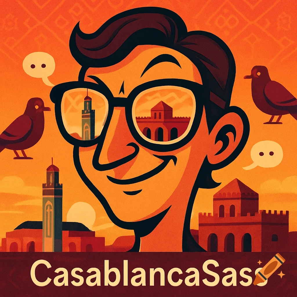 Stylized illustration of a smiling man in glasses reflecting city buildings, with birds, Moroccan architecture, and 'CasablancaSass' text.