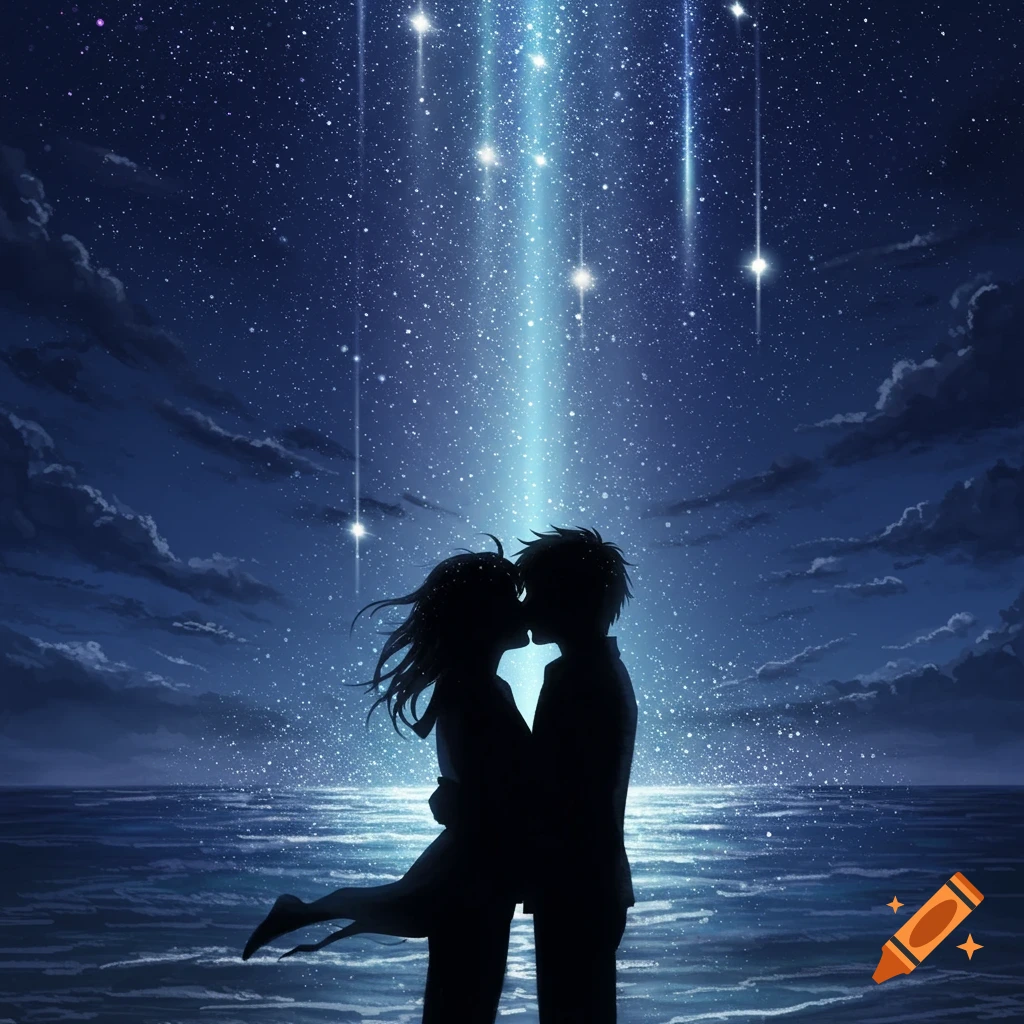 Silhouettes of a couple kissing under a radiant starry night sky by the ocean in anime style.