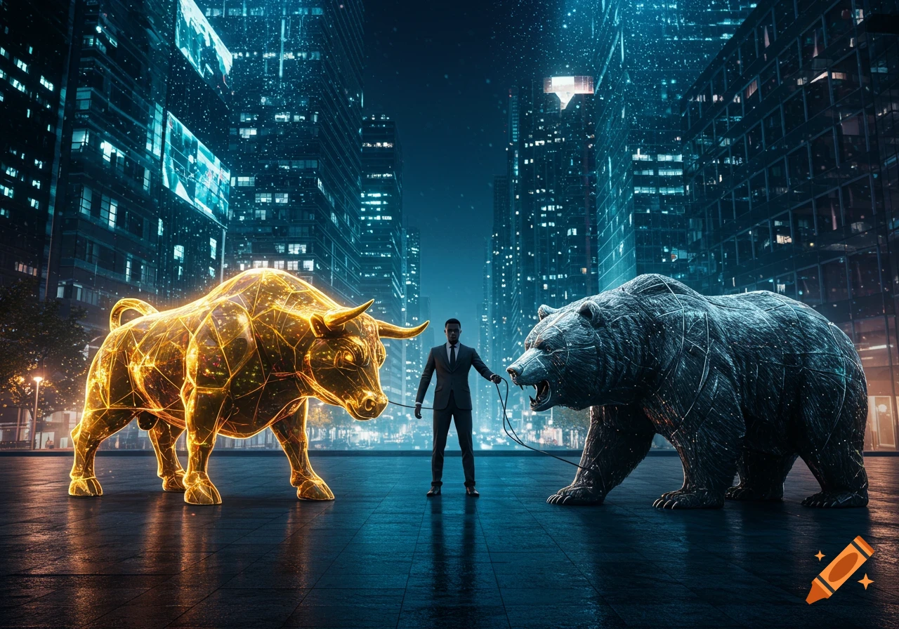 A man in a suit stands between a glowing golden bull and a dark metallic bear in a futuristic city at night.