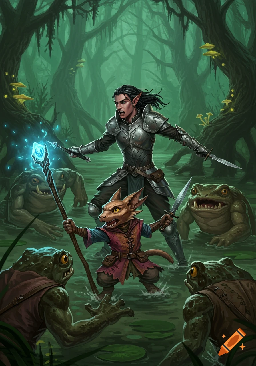 A half-elf paladin and a kobold wizard battle three large bullywugs in a dark, murky swamp, digital art.
