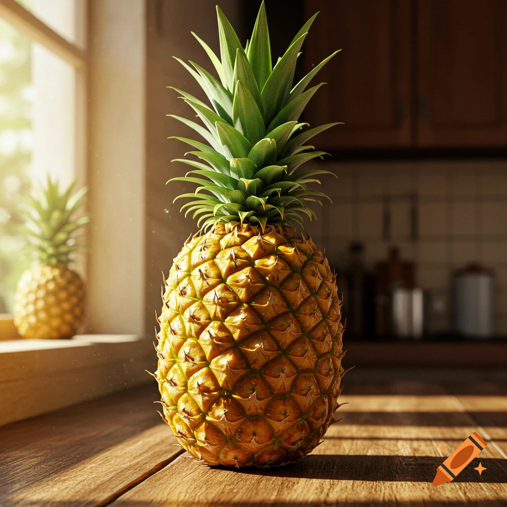 Photorealistic pineapple on a wooden counter with another in the background by a sunny window.