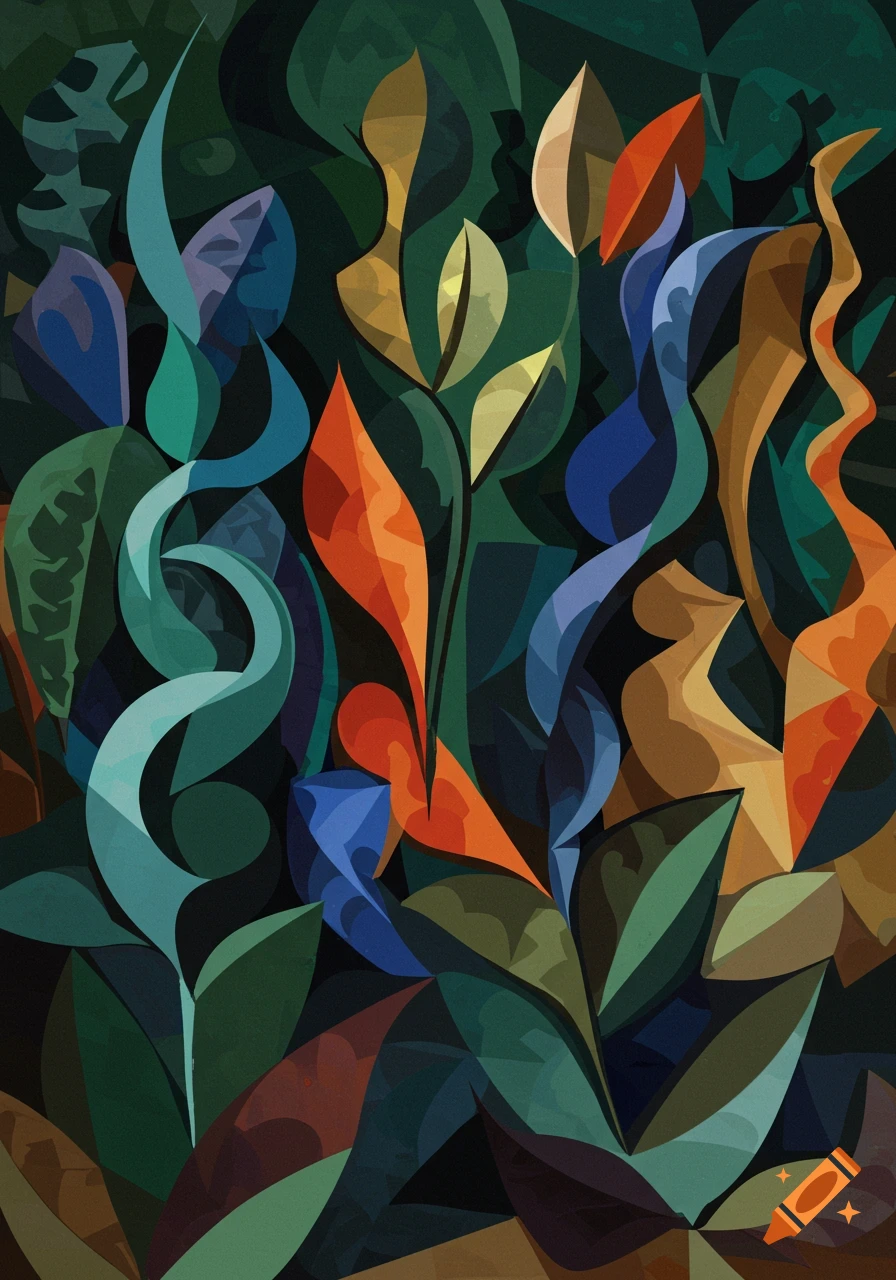 Abstract Cubist painting of vibrant plants and leaves in geometric shapes.