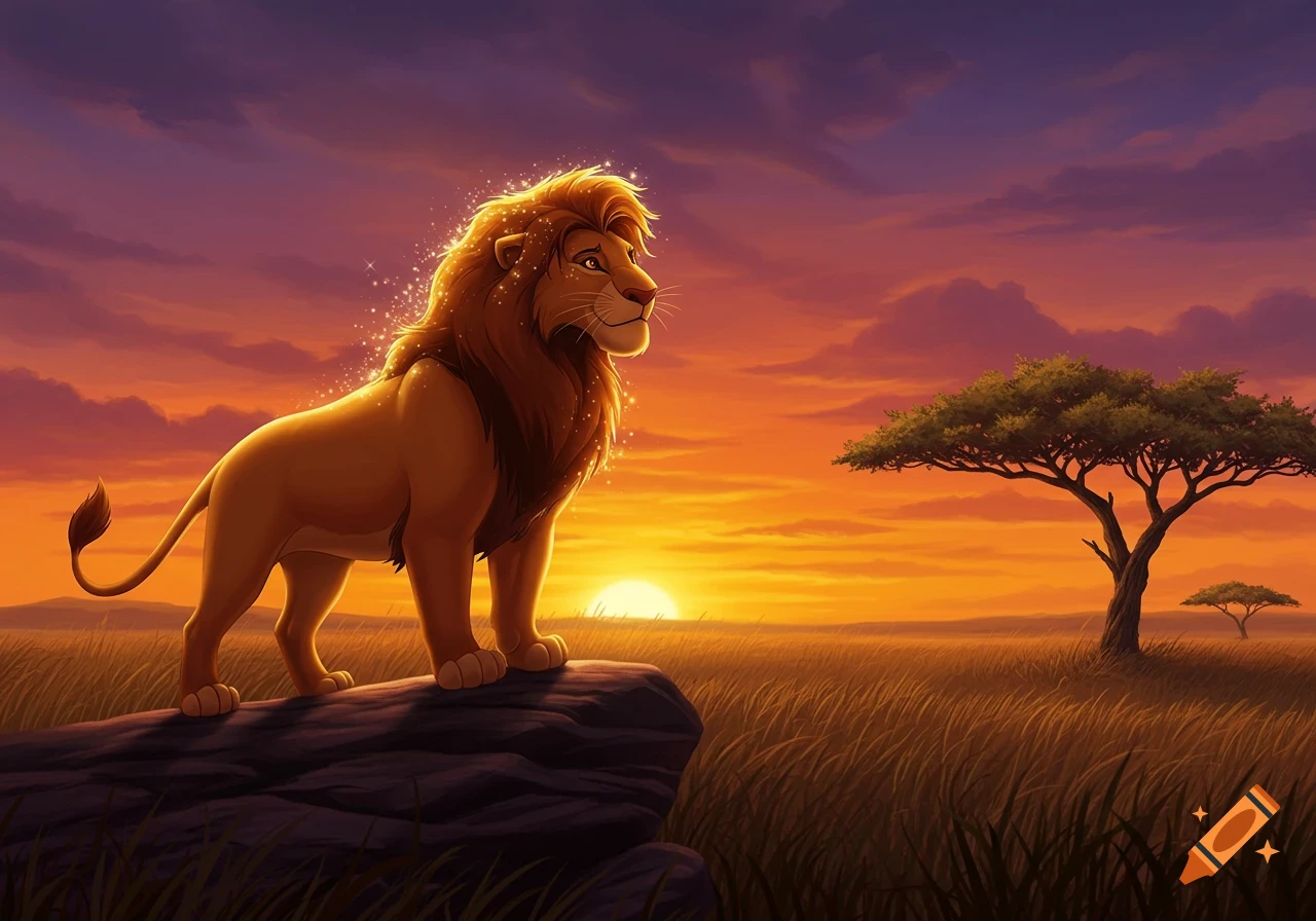 Animated lion with sparkling mane on a rock, silhouetted against a vibrant sunset over a savanna.