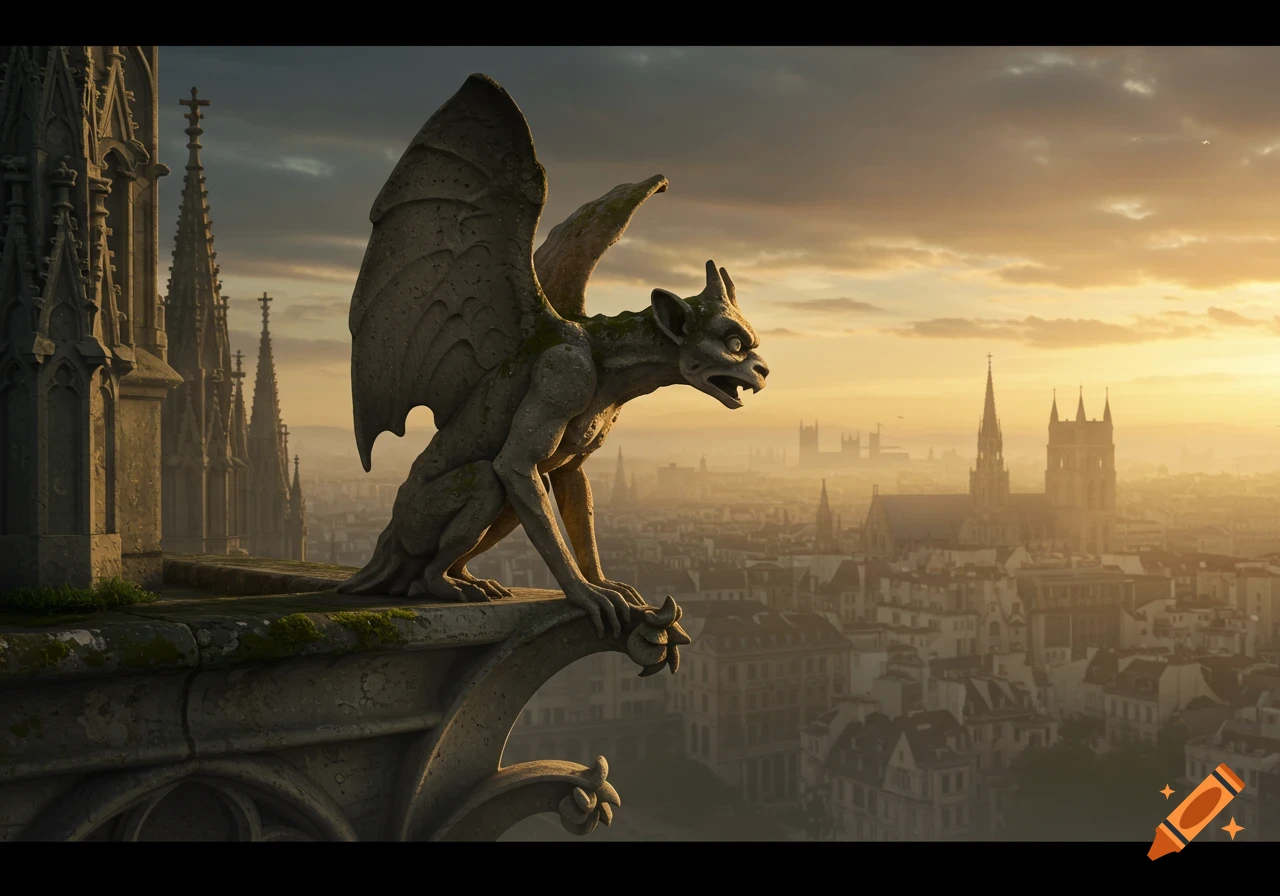 A detailed stone gargoyle with wings perched on a gothic cathedral overlooking a misty city skyline at sunset.