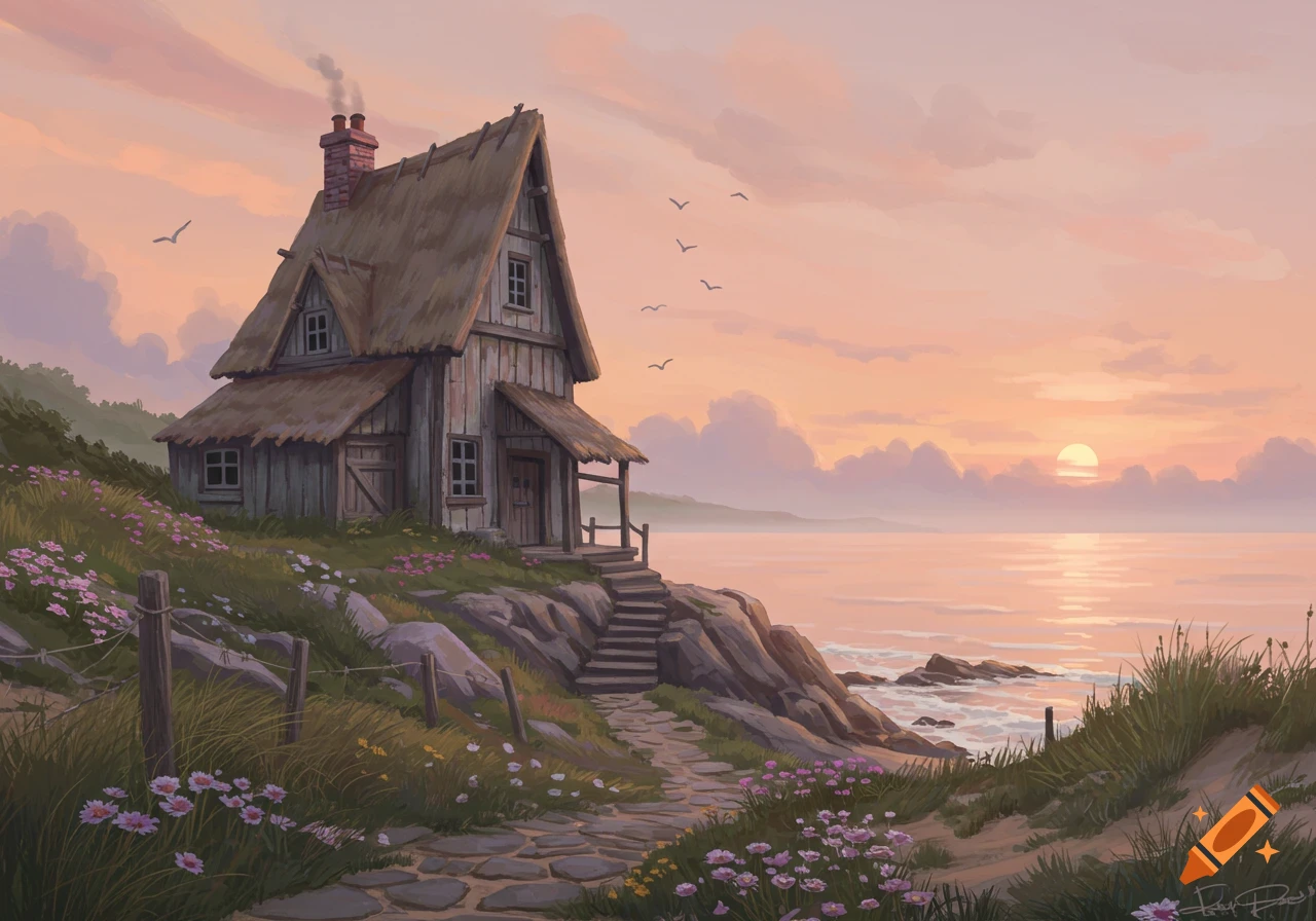 An old wooden cottage with a thatched roof sits on a grassy cliff overlooking a serene sea at sunset, with a stone path and wildflowers.