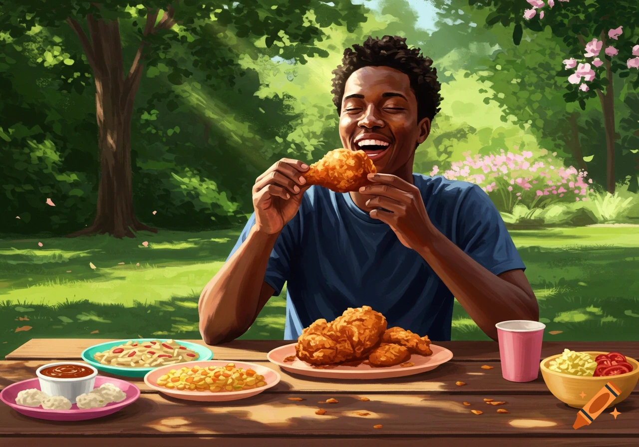 A smiling Black man eats fried chicken at an outdoor picnic table with other dishes, rendered in an illustrative style.
