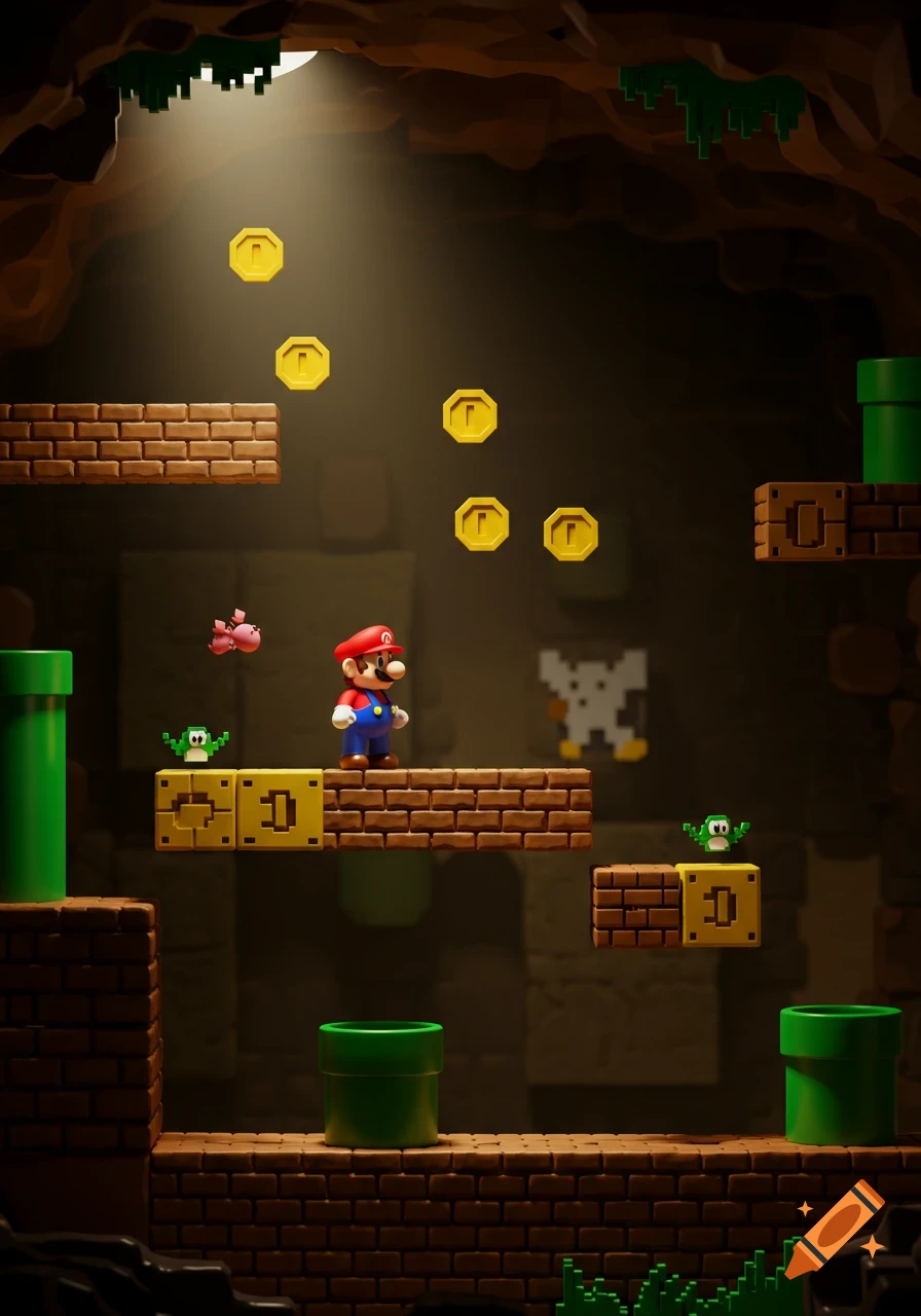 Mario stands on brick platforms in an underground level with golden coins, pixelated enemies, and green pipes. Stylized game art.