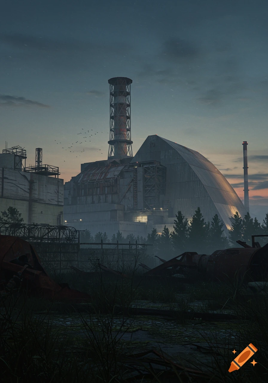 Photorealistic image of the Chernobyl Nuclear Power Plant at dusk, with its large containment arch, a tall chimney, and overgrown foreground.