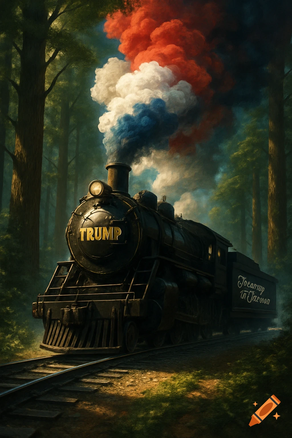 A vintage-style black locomotive with "TRUMP" on its front, emitting red, white, and blue smoke, travels through a dark forest on tracks.