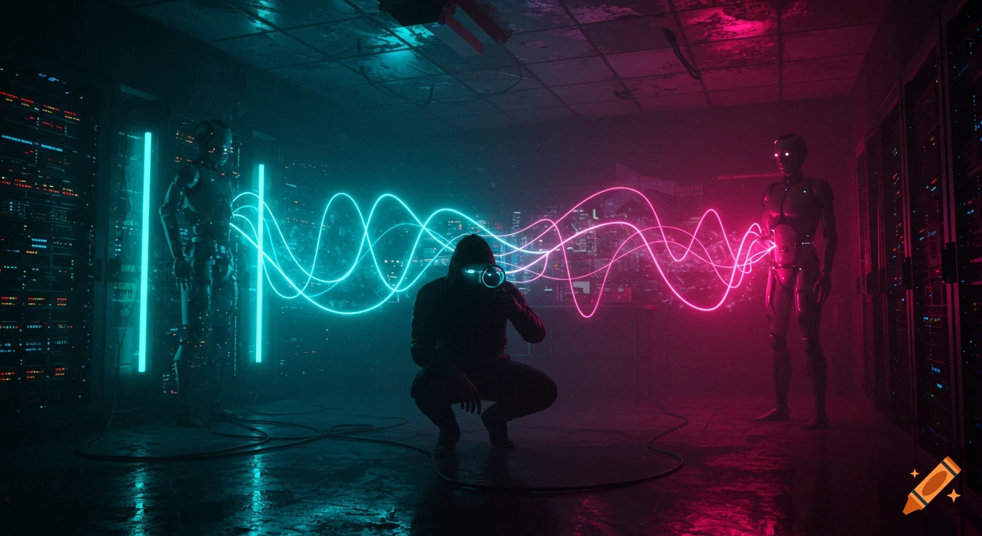 Crouching hacker in a cyberpunk server room observes glowing blue and pink radio waves between two robots, amidst neon reflections.