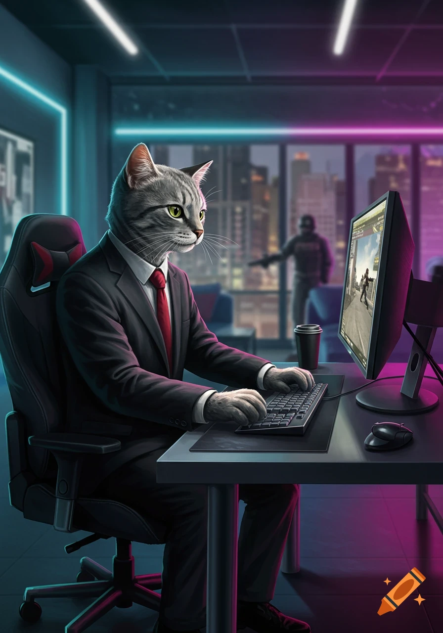 Photorealistic anthropomorphic grey cat in a suit playing a first-person shooter game on a computer in a neon-lit room overlooking a cityscape.