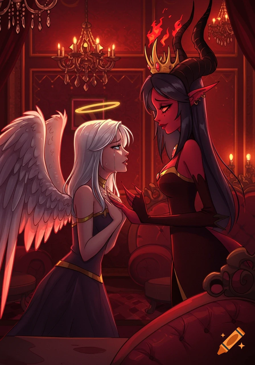 A crying white-haired angel and a red-skinned demon queen with horns hold hands in a luxurious red room, anime style.