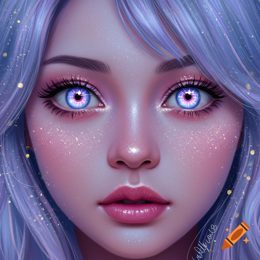 Close-up digital painting of a fantasy face with large glowing blue-pink eyes, purple hair, glittery pink cheeks, and shiny lips.
