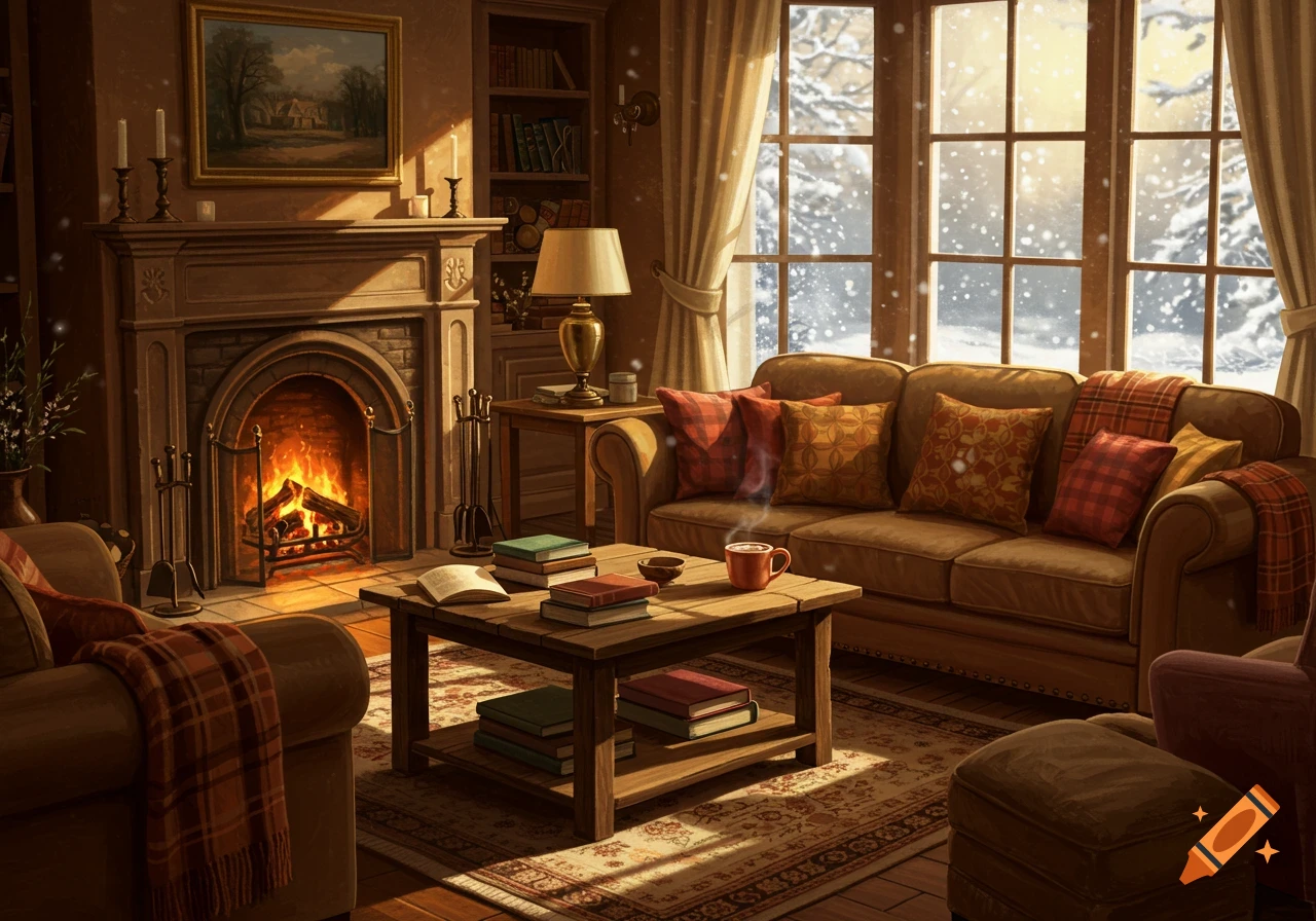A cozy living room with a lit fireplace, a sofa with pillows, and a snowy landscape outside large windows. Detailed illustration.
