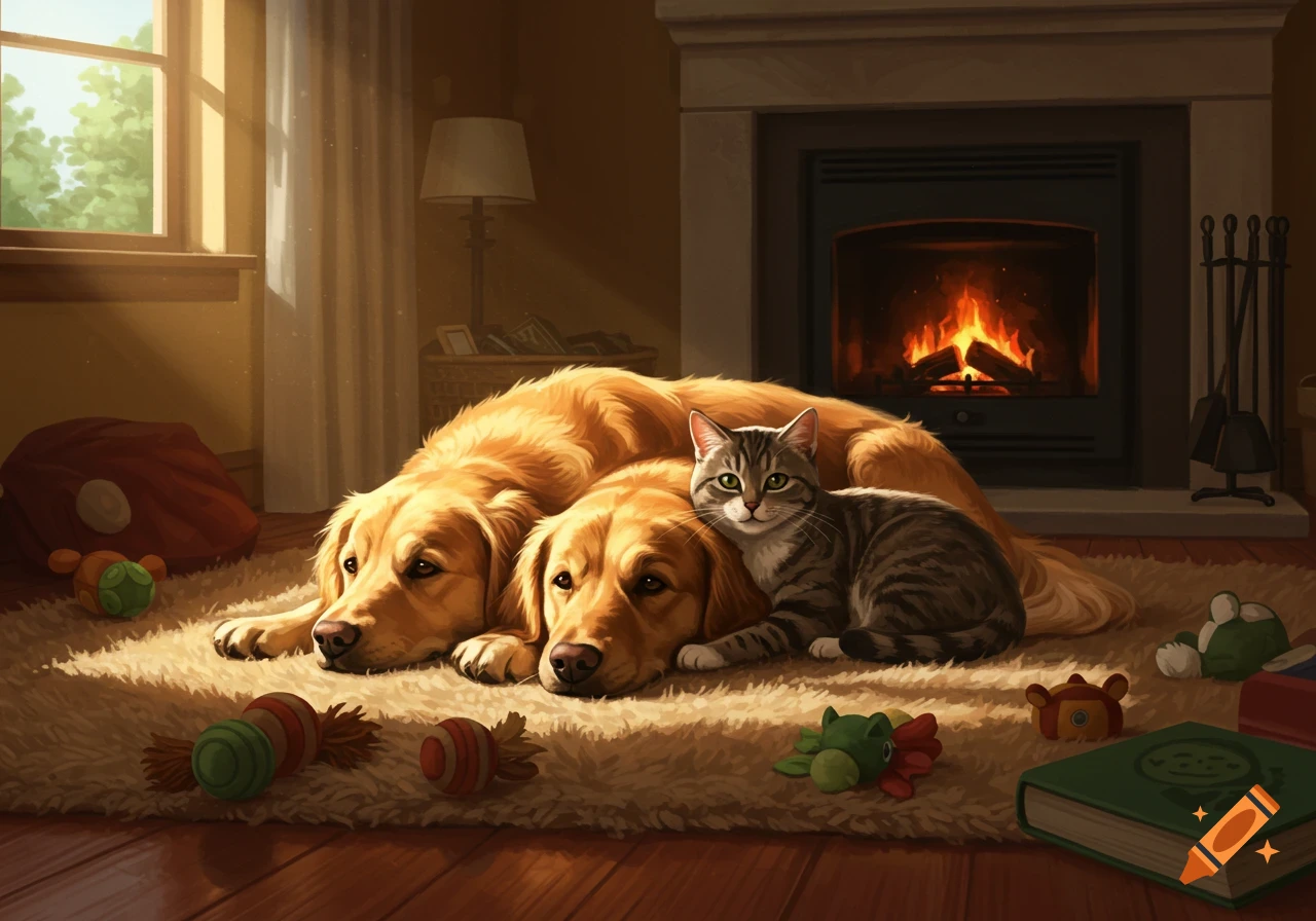 A cozy digital illustration of two golden retrievers and a tabby cat lying on a fluffy rug in front of a warm fireplace with pet toys.