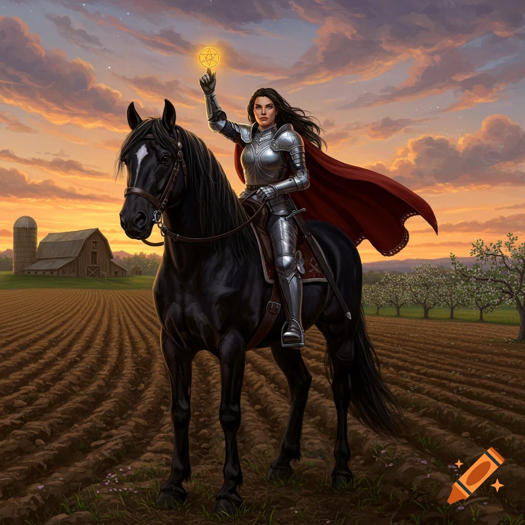 A woman in silver armor on a black horse holds a glowing pentacle in a plowed field at sunset, a farm in the background.