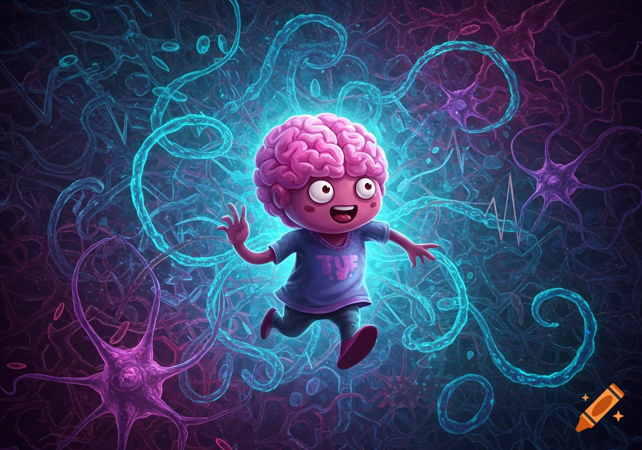A cheerful, pink-brained cartoon character in a purple shirt skips through a vibrant, glowing blue and purple neural network.
