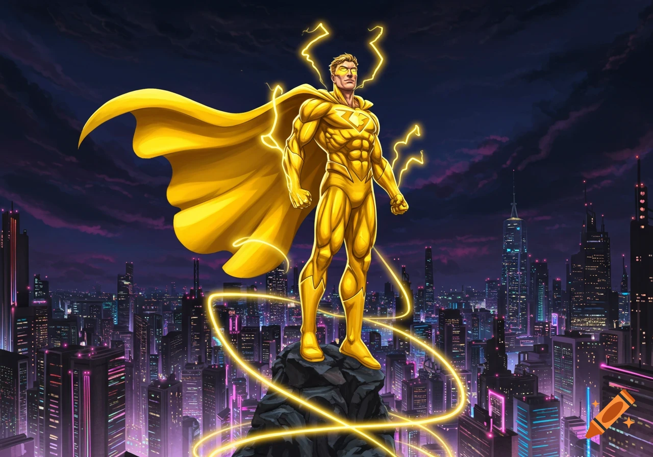 A muscular superhero in a gold suit and cape stands on a rock, glowing with lightning over a futuristic city at night.