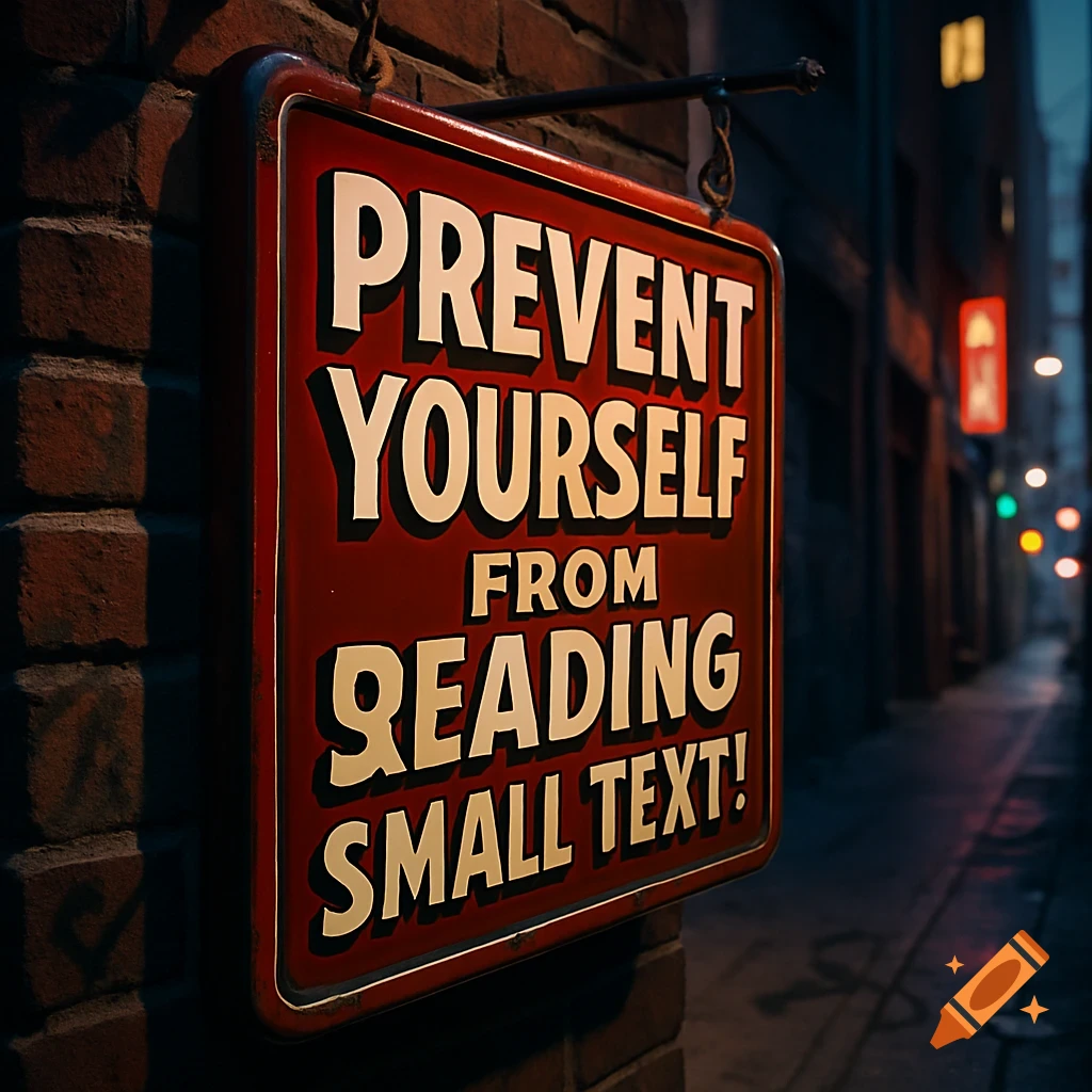 A close-up, photorealistic shot of a red sign hanging in a dark, atmospheric urban alleyway, with the text "PREVENT YOURSELF FROM READING SMALL TEXT!" in white on it.