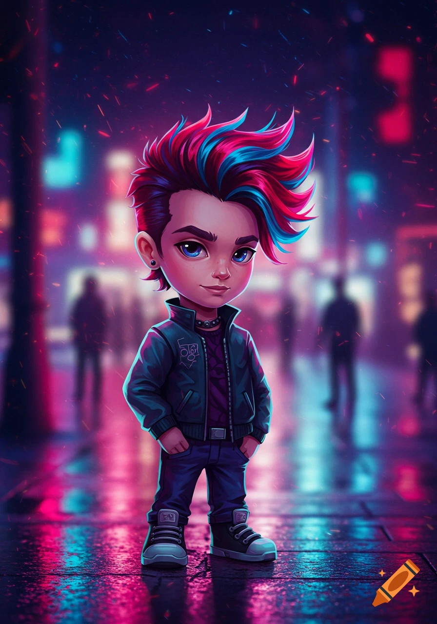 Vibrant digital art of a cartoon boy with spiky pink and blue hair, wearing a jacket, standing on a neon-lit city street.