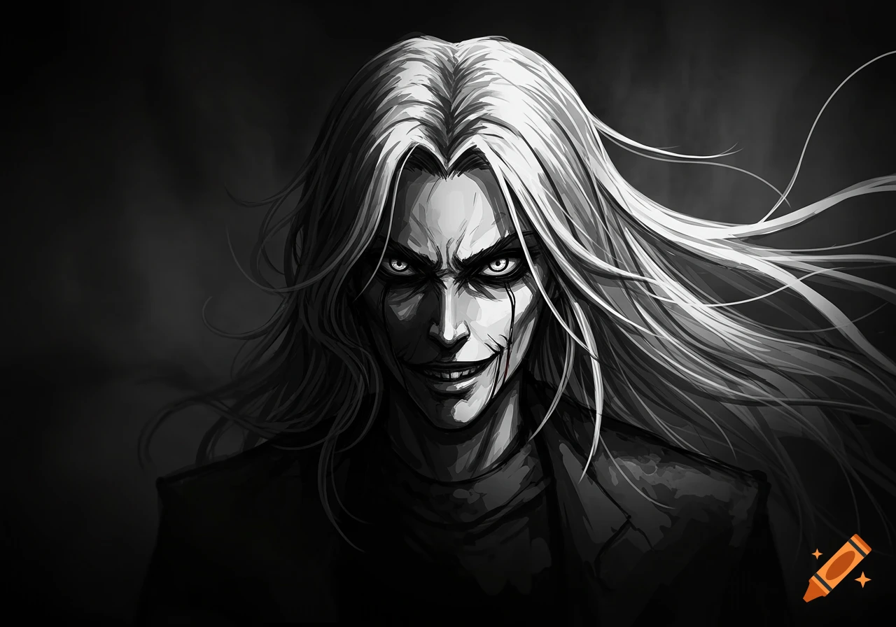Black and white illustration of a menacing character with long white hair, sharp eyes, and a sinister smile.