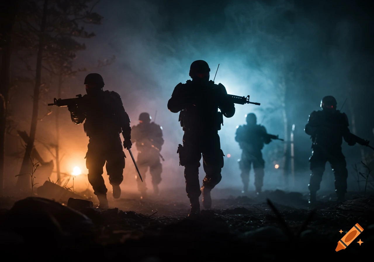Silhouetted soldiers with rifles and a sword move through a misty, dark forest with dramatic orange and blue lighting.