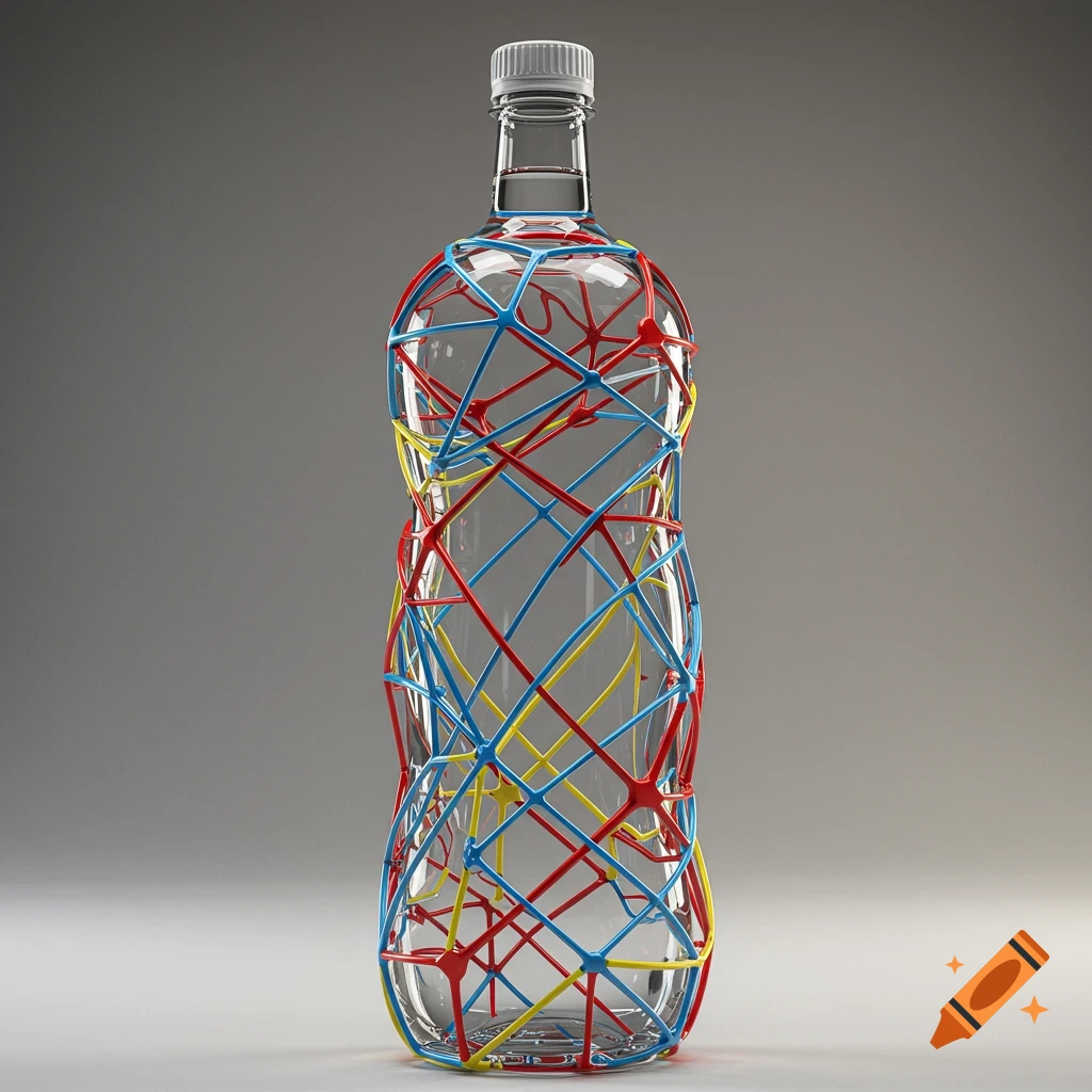 A clear glass bottle with a white cap, covered in a colorful, interwoven geometric pattern of red, blue, and yellow straps, standing against a gray background.