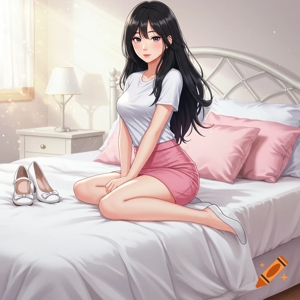 An anime girl with long black hair, wearing a white t-shirt and pink skirt, sits on a white bed in a cozy bedroom with pink pillows.