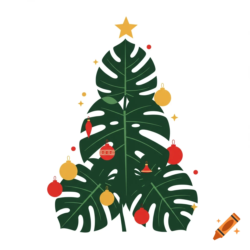 An illustration of a Christmas tree made from monstera leaves, decorated with red and gold ornaments and a star.