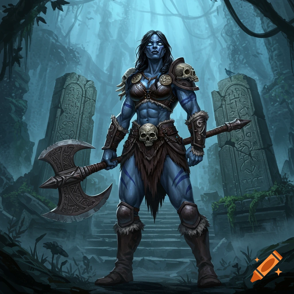 A muscular blue-skinned barbarian woman with an axe stands in ancient, overgrown ruins, fantasy art.
