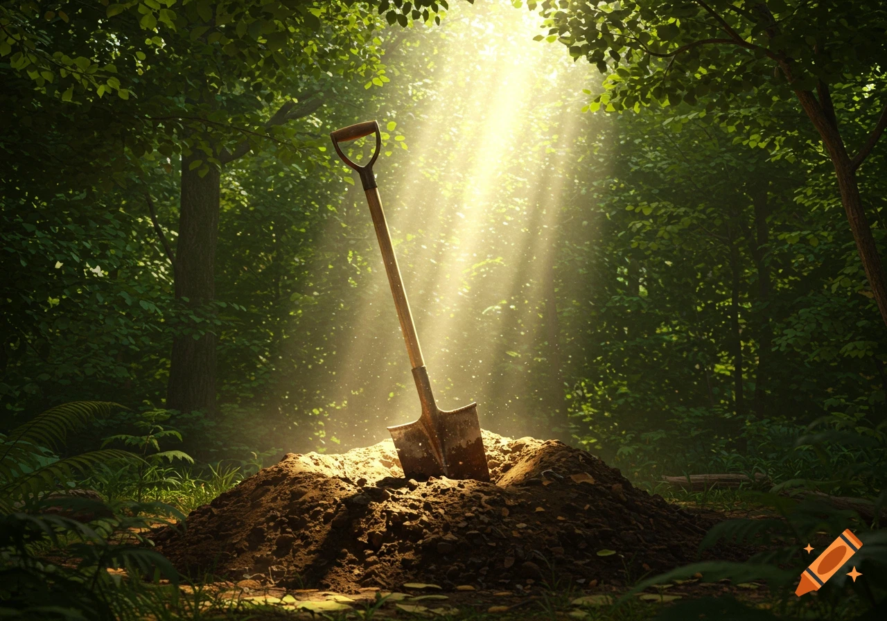 A shovel is stuck upright in a fresh pile of dirt in a sunny forest, with rays of light streaming through the trees.