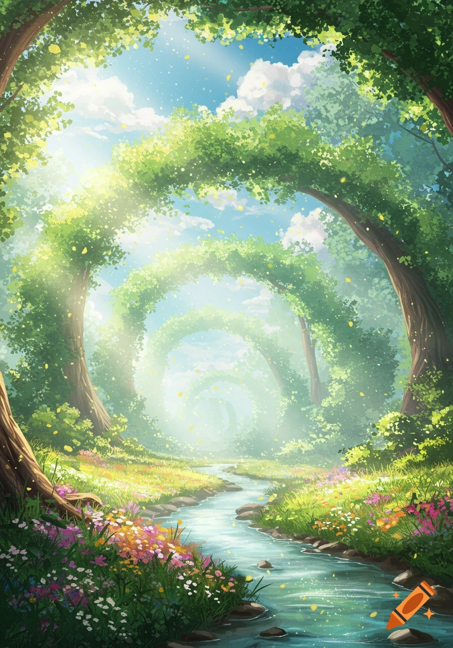 A vibrant, illustrative fantasy forest scene with a winding river, colorful flowers, and sun rays beaming through arching trees covered in green leaves.