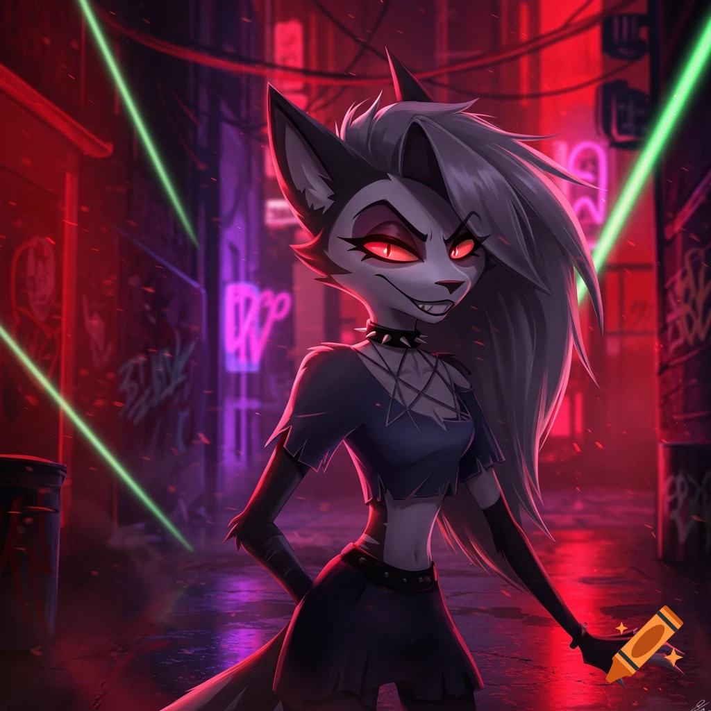 Loona from Helluva Boss, an anthropomorphic gray wolf demon with red eyes and white hair, smirks while standing in a dark, neon-lit alleyway.